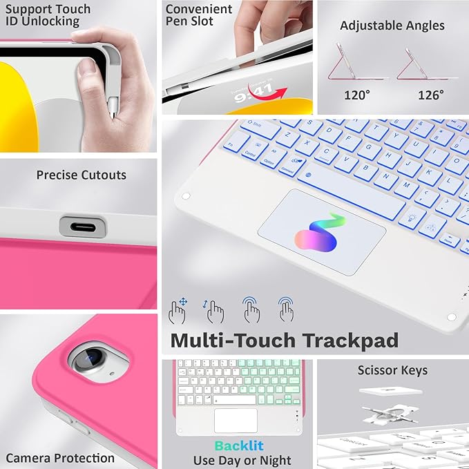 MoKo Touch Keyboard Case for iPad (A16) 11th/10th Gen,Persian Pink