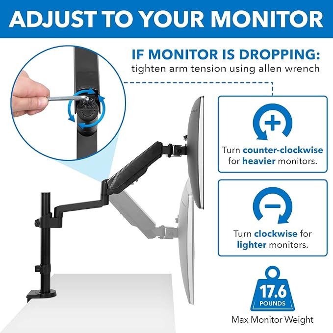Mount-It! Single Monitor Arm Mount | Desk Stand | Full Motion Height Adjustable Articulating Gas Spring Arm | Fits 19 21 24 27 29 30 32 Inch VESA Compatible Computer Screen | C-Clamp and Grommet Base