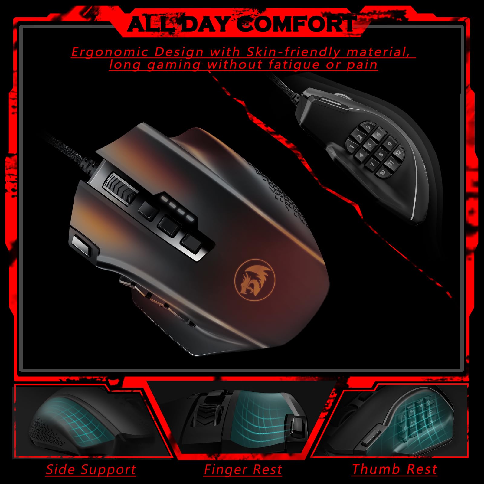 Redragon Gaming Mouse, MMO Mouse Gaming UP 12400 DPI, 19 Macro Programmable Buttons, RGB Mouse with 12 Side Buttons, 8 * 2.4g Weight Tuning for PC Laptop MOBA FPS, M901K, Black