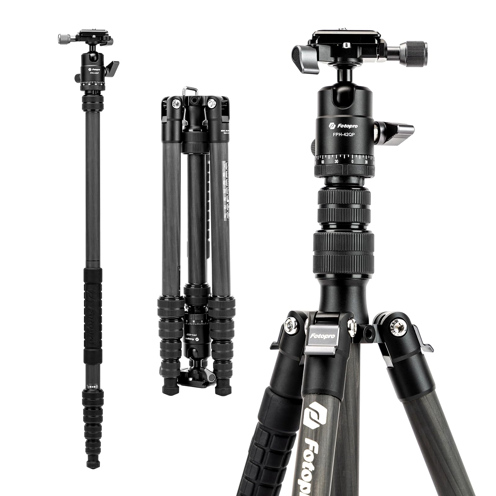 Fotopro 62" Carbon Fiber Travel Tripod, Lightweight Compact Camera Tripod with Ball Head and Arca-Swiss Quick Release Plate, Detachable Monopod, Carry Bag, Load up to 8KG/17.63lbs, Weighs only 2lbs.