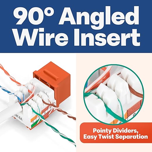 Everest 90° Angled RJ45 Cat6A Keystone Jacks 10-Pack in Orange - Slim Profile Female RJ45 Connectors - Cat 6A Keystone Jack - Compatible with 90° Angled Speed Termination Tool - easyJACK (B094WB91H3)