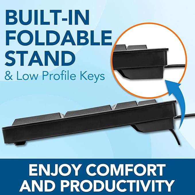 Manhattan Wired Computer Keyboard – Basic Black Keyboard - with 4.5ft USB-A Cable, 104-keys, Foldable Stands - Compatible for Windows, PC, Laptop - 3 Yr Mfg Warranty – 179324