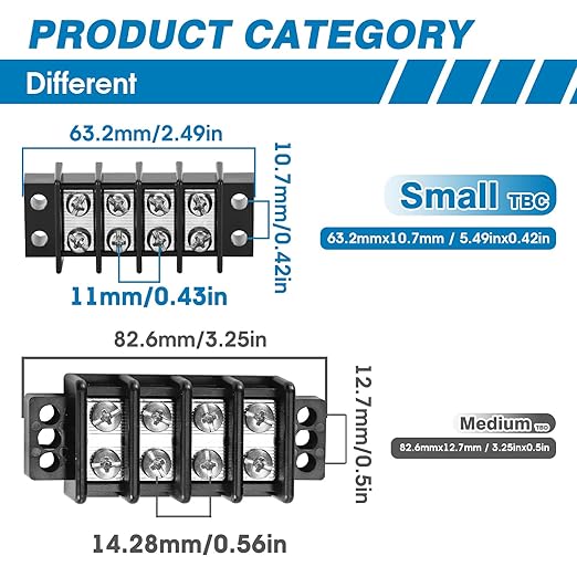 GLOSO Terminal Blocks Double Row Stainless 11 mm Pitch TBC, Marine Grade, 12-22 AWG Cu, 25A/300V - 1 Pack, 8 Poles
