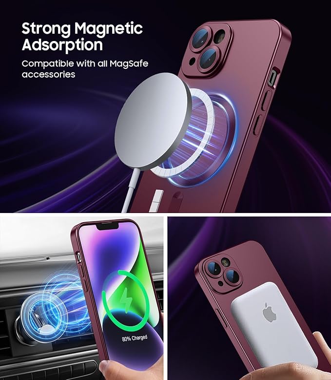 Magnetic for iPhone 14 Plus Case [Compatible with MagSafe][Built-in Camera Lens Protector] Slim Soft Silicone Bumper Shockproof Metallic Luster Phone Case (Burgundy)
