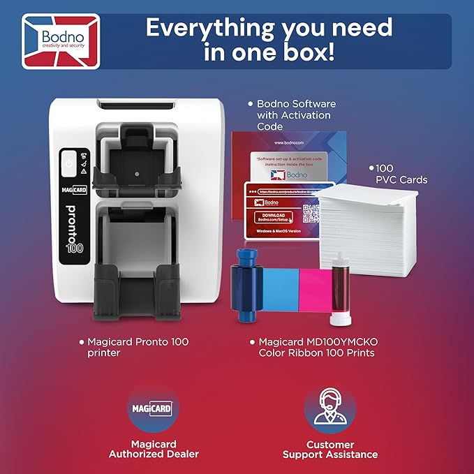 Bodno Magicard Pronto 100 ID Card Printer & Complete Supplies Package ID Software - Silver Edition