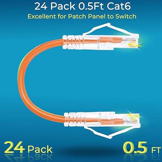 Rapink Patch Cables Cat6/ Cat6a 0.5ft (24 Pack) Slim, Cat6a Ethernet Patch Cable 10G Support, Snagless Cat 6 Patch Cable for Patch Panel to Switch, Flexiable Cat6 Ethernet Cable Orange