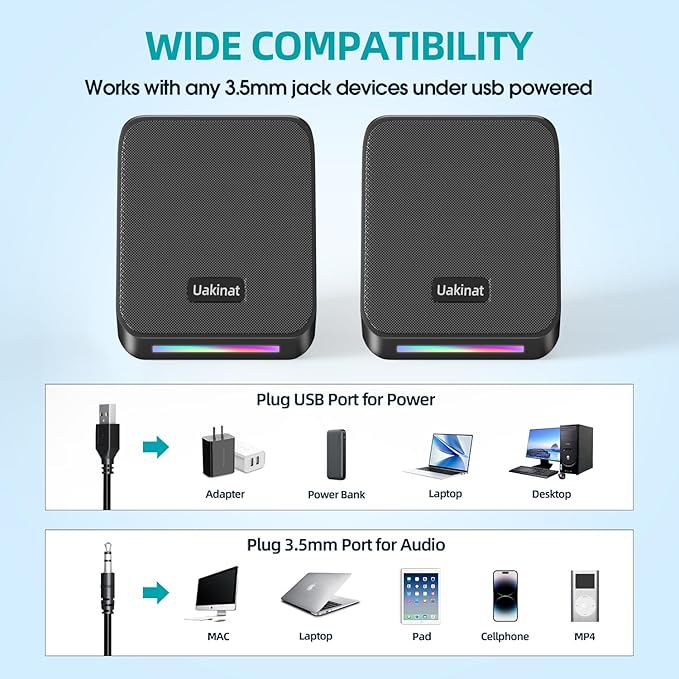 Computer Speakers,with 7 Colorful RGB Lights, Headphone Jack, Enhanced Bass and Volume Control, PC Speakers USB Powered Gaming Speakers for Laptop Monitor PC Tablet Phone