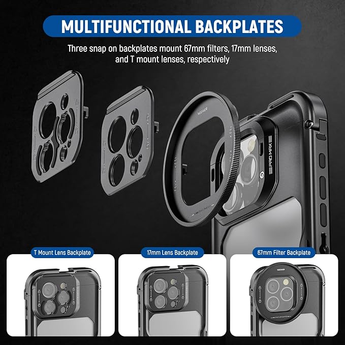 NEEWER 16 Pro Max Cage with Two Quick Release Side Handles, Phone Video Rig Kit with 67mm Filter Adapter, 17mm Lens Mount, T Mount Lens Adapter Compatible with iPhone 16 Pro Max (PA074+PA045E+PA045B)