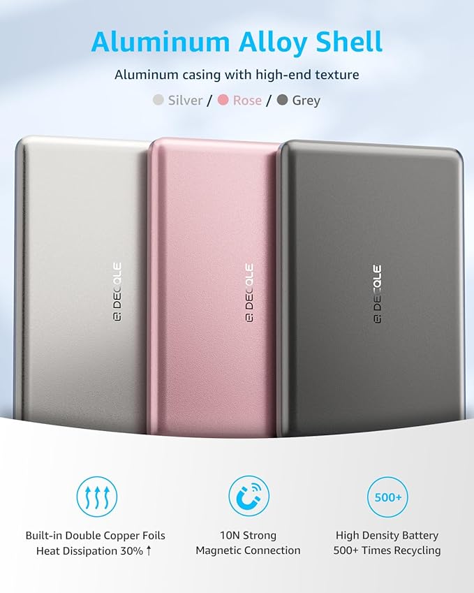 “Air” Power Bank for MagSafe 5000mAh, Ultra Slim Magnetic Wireless Portable Battery Charger Case with USB-C Cable, Compatible with iPhone 17/16/15/14/13/12 Series Only (Sliver)