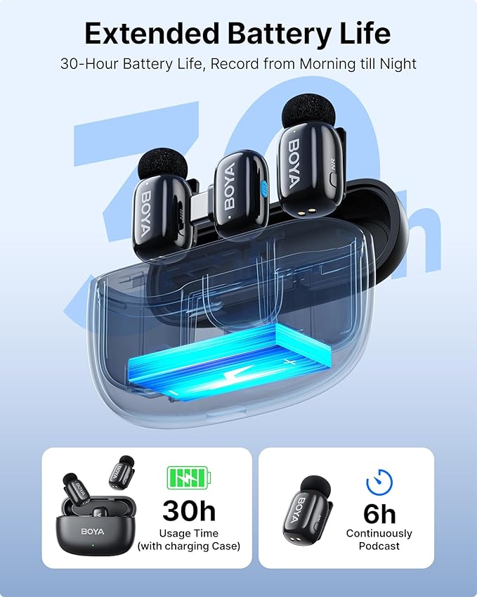 BOYA mini Wireless Lavalier Microphone for Android/Tablets/PC with USB C Plug,Noise Reduction,30H Battery Life with Charging Case,AI Voice Changer,Lapel Microphone Wireless for Video Recording Podcast