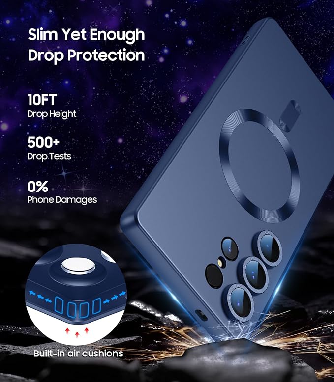 Magnetic for Samsung Galaxy S25 Ultra Case [Compatible with MagSafe][Built-in Camera Lens Protector] Slim Soft Silicone Bumper Shockproof Metallic Luster Phone Shell (Blue)