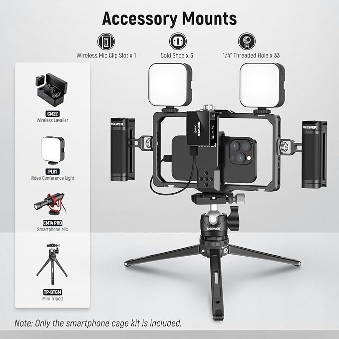NEEWER Upgraded Phone Rig Vlogging Kit, Video Stabilizer with Dual Handle, Wireless Mic Clip Slot for Tiktok/YouTube, Compatible with SmallRig iPhone 16 15 14 Pro Max Plus 13 Galaxy S23, PA009