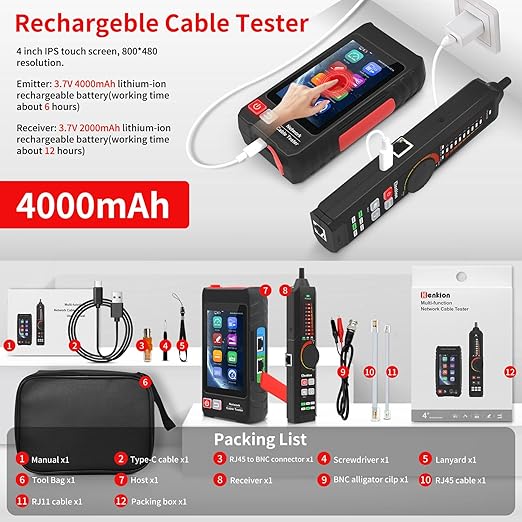 Multifunction RJ45 Network Caber Tester, 4" IPS Touch Screen UTP Cable Tester,Rechargeable Ethernet Cable Tracer,Support Network Tools, POE++ Detect,Cable Length Meter,RJ45 TDR Test, NCV,PD Power,FTP