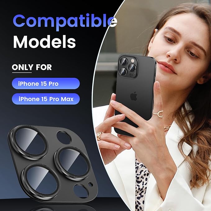 Tensea for iPhone 16 Pro/iPhone 16 Pro Max/iPhone 15 Pro/iPhone 15 Pro Max Camera Lens Protector, Metal Aluminum Alloy Tempered Glass Cover Camera Screen Protector Accessories, Case Friendly Black