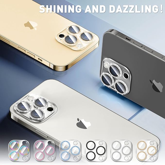 LucBuy 3PCS Sparkling Camera Lens Protector for iPhone 12 Pro Max, Full Clear Acrylic Cover with Shiny Colorful Glitter Designed Decoration Back Camera Protector