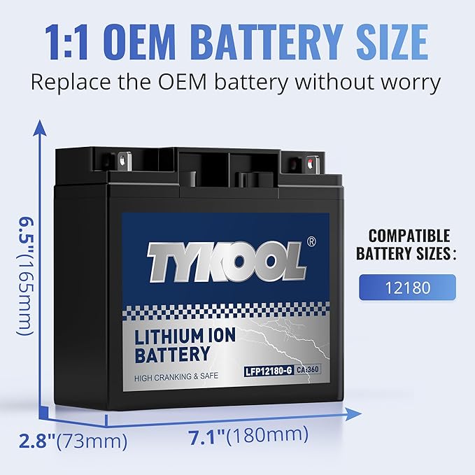 TYKOOL 12180-G LiFePO4 Powersports Battery, 360CCA,8Ah,Built in BMS,Compatible with generator battery