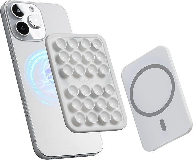 SUCKY Silicone Suction Phone Case Adhesive Mount - Anti-Slip Holder, Hands-Free Fidget Toy, Phone Accessory for iPhone and Android (Crystal White, Magnetic)