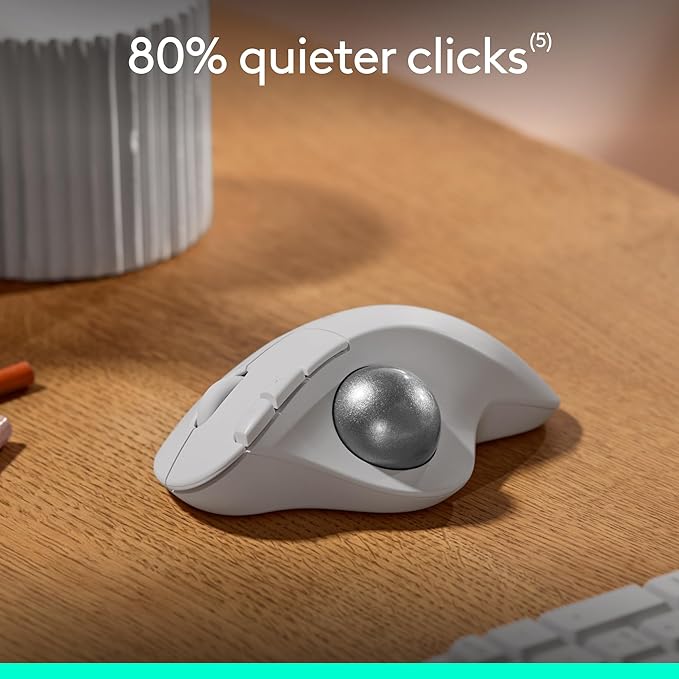 Logitech Ergo M575S Wireless Trackball Mouse, Wireless Ergonomic Mouse with Bluetooth and Encrypted Dongle, Comfortable Thumb Control, Precise and Smooth Tracking, for PC/Mac - Off- White Silver Ball