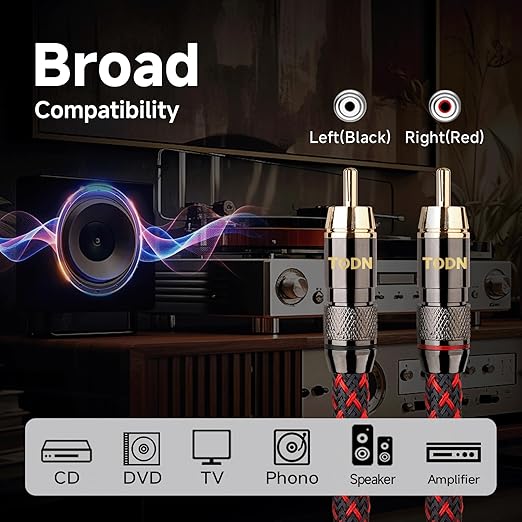 TODN High End RCA Cables for Audiophile, 2 RCA Male to Male Stereo Cord for Car Audio, Speaker, Amp - Φ7mm, Nylon Braided Jacket (6.5ft/2m, 1 Pair)
