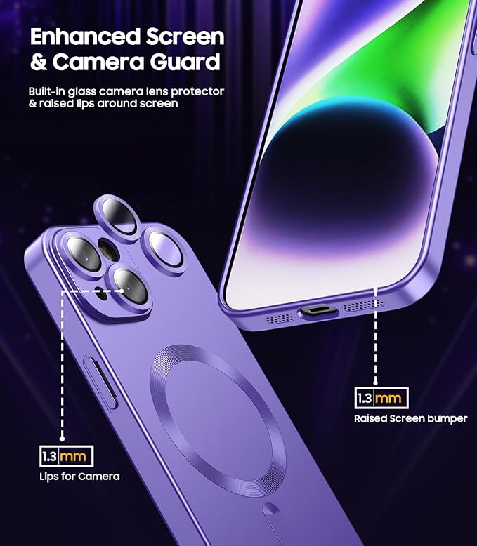 Magnetic for iPhone 15 Case [Compatible with MagSafe][Built-in Camera Lens Protector] Slim Soft Silicone Bumper Shockproof Metallic Shine Phone Case (Purple)
