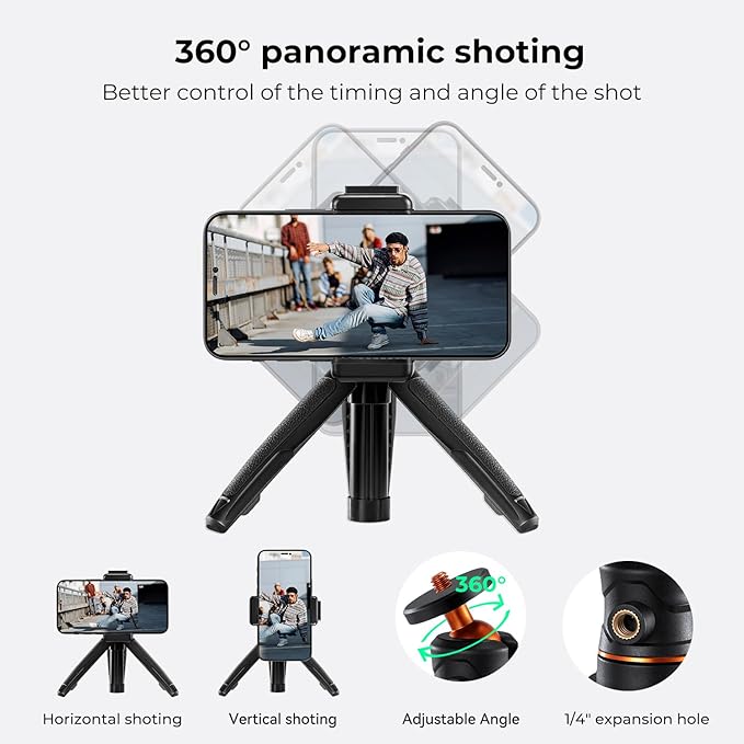 K&F Concept Selfie Stick Tripod, 360 Degree Rotation Mini Phone Stand with Ball Head and Cold Shoe Mount, Cellphone Holder with Wireless Remote for Smartphone Black