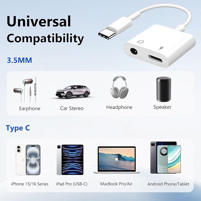 Seulliya USB C to 3.5mm Headphone Jack and Charger Adapter, 2-in-1 Audio & Fast Charging Splitter for Apple iPhone 17/16/15/Pro/Pro Max, iPad, Samsung, Pixel, and More 10Pack