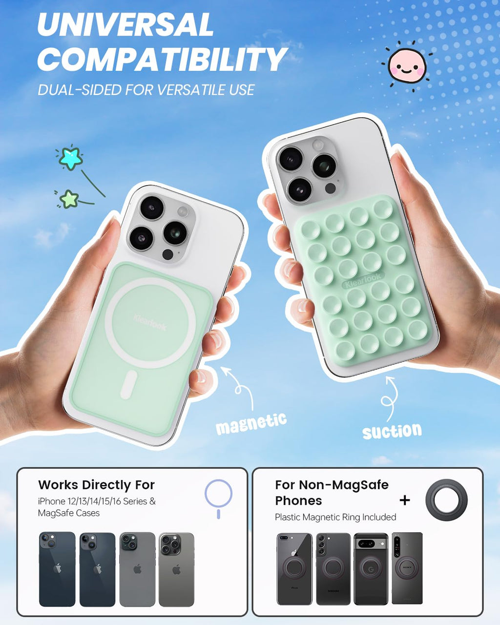 Klearlook Magnetic Suction Phone Mount for MagSafe Case, Removable Sticky Phone Grip Holder for Hands-Free Makeup/Selfie/Live Streaming/Vlog for TikTok & Instagram Influencer/Creator, Light Green
