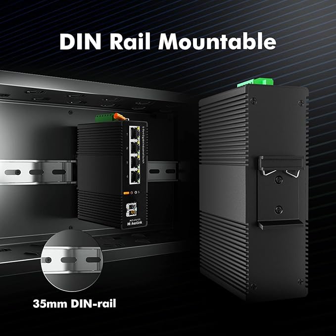 MokerLink 5 Port Industrial DIN-Rail Network Switch, 4 Gigabit Ethernet, 1 SFP, 14Gbps Switching Capacity, IP40 Rated (-40 to 185F), With UL Power Supply