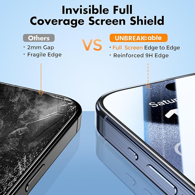 UNBREAKcable 3-Pack Screen Protector for iPhone 15 Pro Max, Double Shatterproof Tempered Glass [Easy Installation Frame] [HD Clear] [9H Hardness] [Full Coverage] for iPhone 6.7 inch