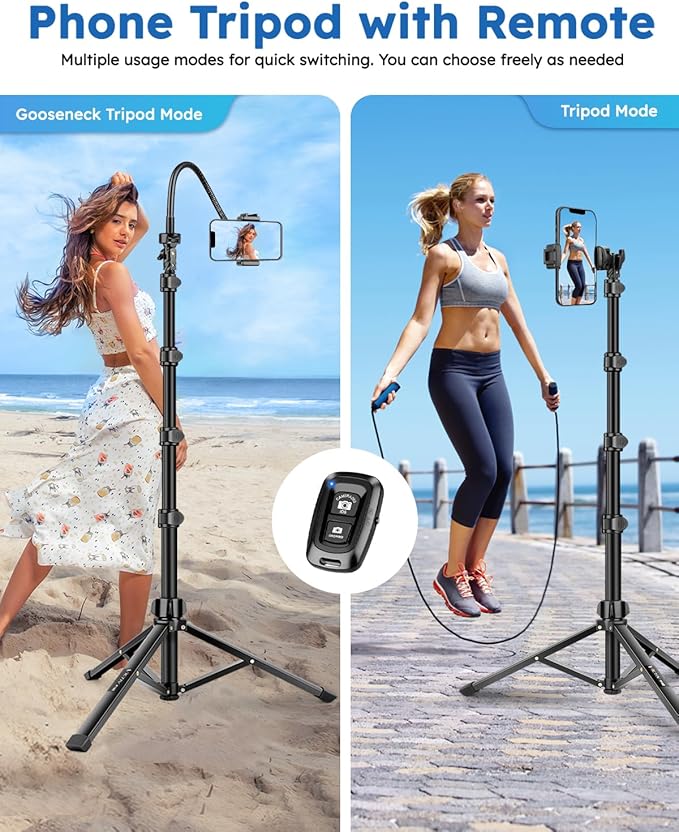 86" Tripod for iPhone, Stable & Tall Phone Tripod with Remote and Flexible Gooseneck for Video Recording/Watching/Cooking/Fitness/Vlogging