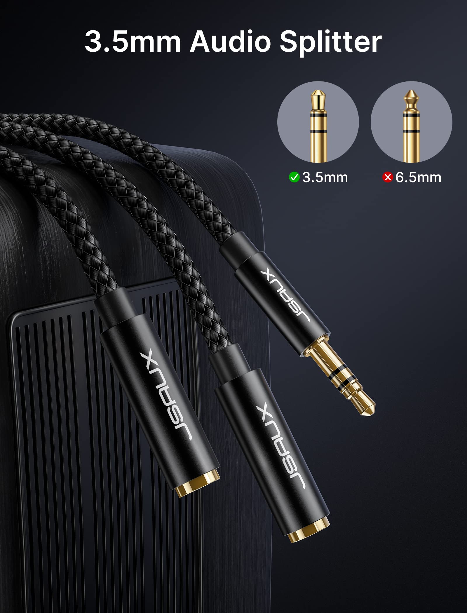 JSAUX Headphone Splitter for 2 Headphones, 3.5mm Splitter (No Mic), Black