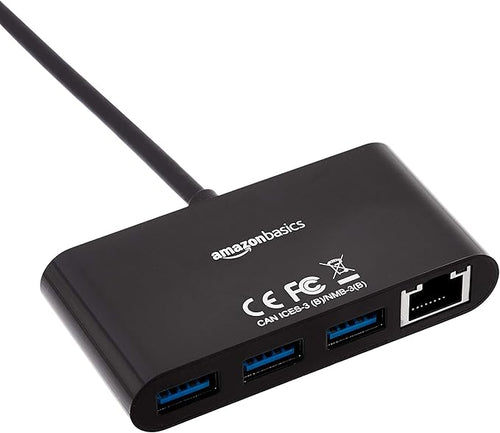 Amazon Basics 4-Port USB 3.0 Hub with 3 USB-A Ports & 1 RJ45 Gigabit Ethernet Port, High-Speed Network Adapter for Laptops, Black
