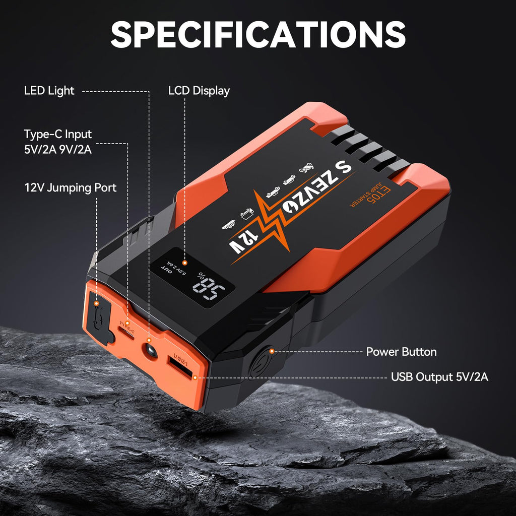 S ZEVZO ET05 Jump Starter 5000A Portable Car Jump Starter Battery Pack (7.2L Gas/ 5.5L Diesel), 51.8Wh 12V Jump Box with USB Ports, LCD Display and 3 Modes Flashlight