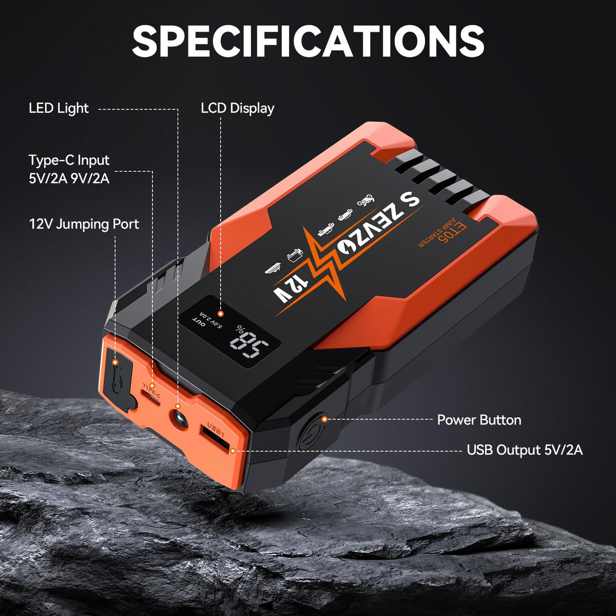 S ZEVZO ET05 Jump Starter 5000A Portable Car Jump Starter Battery Pack (7.2L Gas/ 5.5L Diesel), 51.8Wh 12V Jump Box with USB Ports, LCD Display and 3 Modes Flashlight