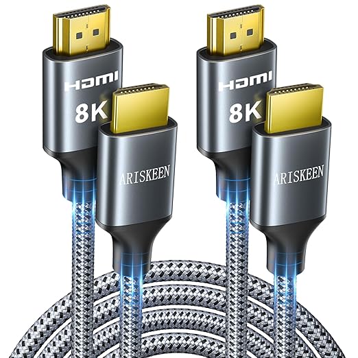 ARISKEEN 8K HDMI Cable 10FT 2-Pack, 48Gbps High Speed HDMI 2.1 Cable, 8K 60Hz, 4K 120Hz 144Hz Support for HDR 10, HDCP 2.2 2.3, eARC, DTS:X, Braided HDMI Cord Compatible with Laptop/HDTV - 10 Feet