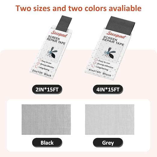 Black Screen Repair Tape, 4" X 180" (15FT) Window Screen Door Repair Kit, Strong Adhesive Fiberglass Patch Tape Mesh