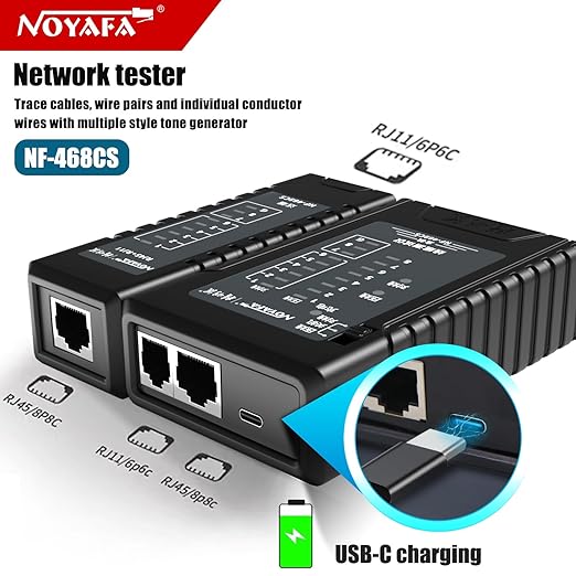 NOYAFA Network Cable Tester for RJ45, RJ11, RJ12 /Cat5, Cat5e, Cat6, Cat6a, Cat7, Phone Line Cat3, Ethernet Tester, LAN Cable Test Tool (Black)