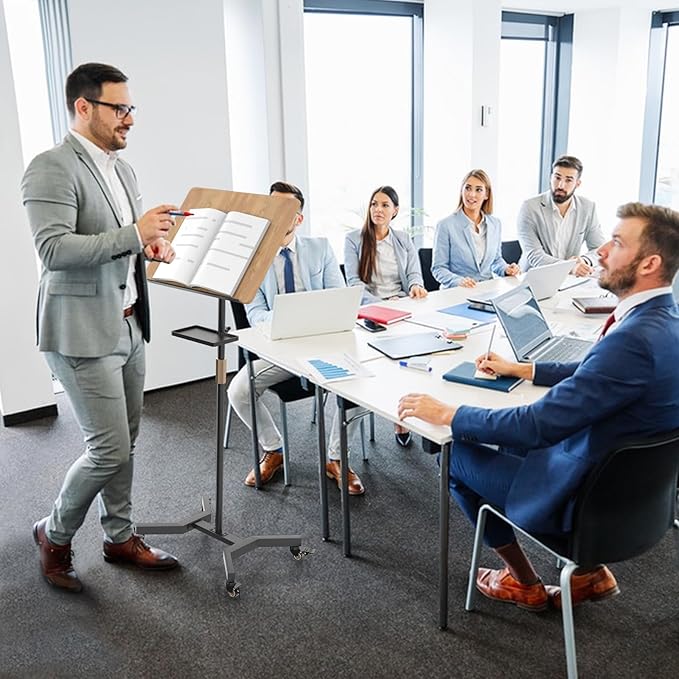 Lectern Podium Stand with Storage Platform, Height Adjustable Mobile Steady Standing Design, Multi-Purpose Tabletop for Speech, Lecture, Church, Reading or Laptop Desk