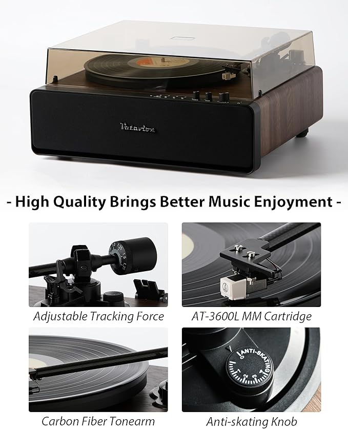 Vinyl Record Player, High Fidelity Belt Drive Turntable for Vinyl Records 33/45 RPM with MM Cartridge AT-3600L, Phono Preamp, Bluetooth Record Player with LED Light, Auto Off (Walunt Wood)