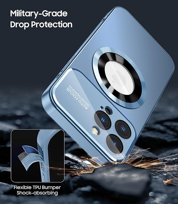 Magnetic for iPhone 13 Pro Case, Built-in Camera Lens Protector, Compatible with MagSafe, Logo View, Military Grade Protective Phone Cover, Sierra Blue