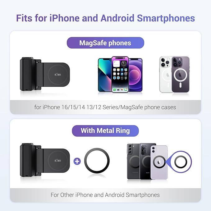 KIWIFOTOS Magnetic Phone Camera Grip for Magsafe Phone Tripod Handle with Bluetooth Remote & Tripod Mount Adapter for iPhone 16 Pro Max Samsung Smartphone Vlog Video Shooting (Black)