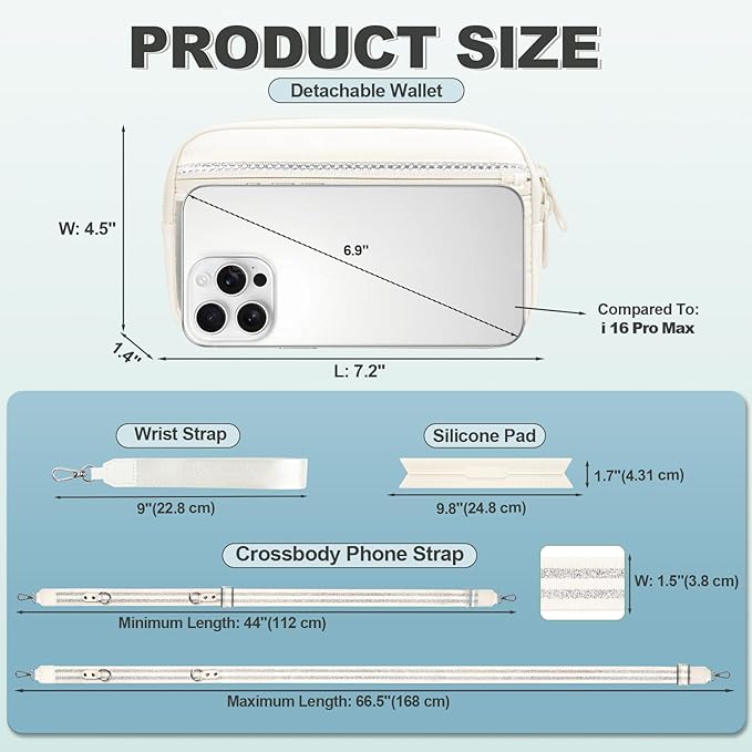 Clip and Go Strap for Phone with Wallet Crossbody, Adjustable Phone Lanyard with Detachable RFID Wristlet Wallet, Pattern Strap - Cream&Silver (L)