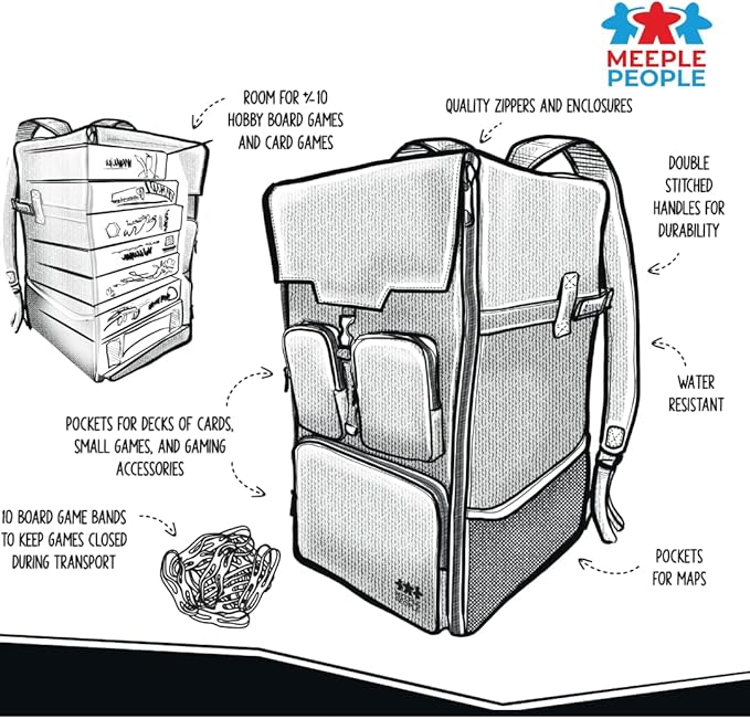 Board Game Backpack with 10 Board Game Bands, Padded Straps, Carrying Handle, Pockets for Small Games and Accessories
