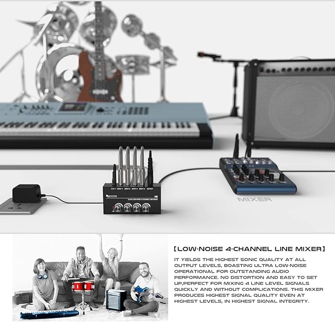 FIFINE Ultra Low-Noise 4-Channel Line Mixer for Sub-Mixing,4 Stereo Channel Mini Audio Mixer with AC adapter.Ideal for Small Club or Bar. As Microphones,Guitars,Bass,Keyboards or Stage Sub Mixer-N5