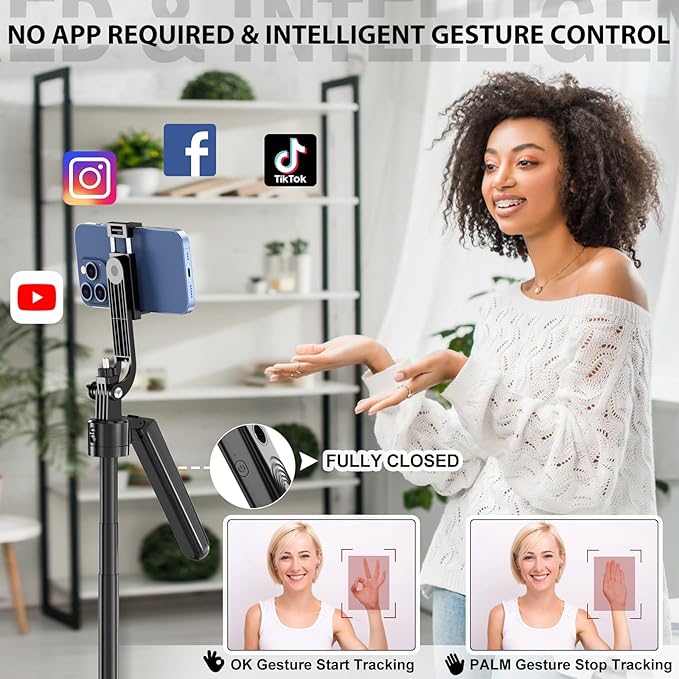 Auto Face Tracking Tripod 360 Rotation with Stand,Android and iPhone Tripod Holder with Remote and Gesture Control, No App,Built-in Tracking Camera Selfie Stick for Vlog Video Recording Tiktok