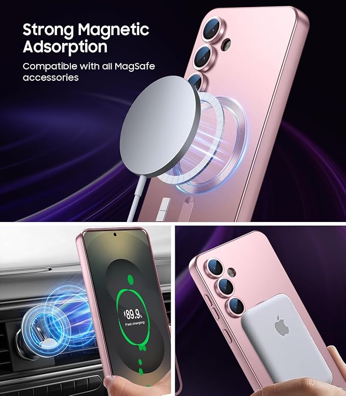 Magnetic for Samsung Galaxy S25 Plus Case [Compatible with MagSafe][Built-in Camera Lens Protector] Slim Soft Silicone Bumper Shockproof Metallic Luster Phone Shell (Rose Gold)