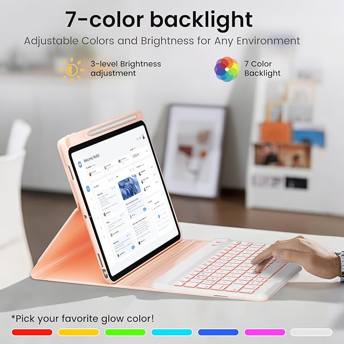 BLUTLOTUS for iPad 11th A16 10th Generation Case with Keyboard - 7 Colors Backlit Wireless Detachable Folio Keyboard Cover with Pencil Holder for iPad 11'' A16 2025 10th Gen 10.9 Inch 2022 (Pink)