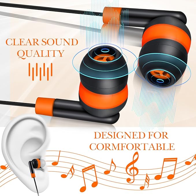 Kanayu 100 Pack Wired Earbuds Bulk for Classroom Ear Headphones Wired Basic Student Earbuds No Microphone with 3.5mm Jack for Kids Class Laptop School Library, Individually Bagged(Orange)