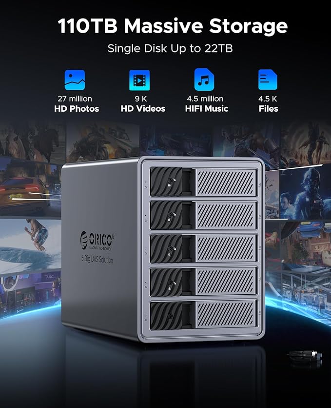 ORICO 5 Bay DAS Hard Drive Enclosure USB 3.0 for SATA 3.5 inch SSDs HDDs Bracket-Free External Hard Drive Bay Max up to 110TB ( Alluminum Alloy) -9858U3