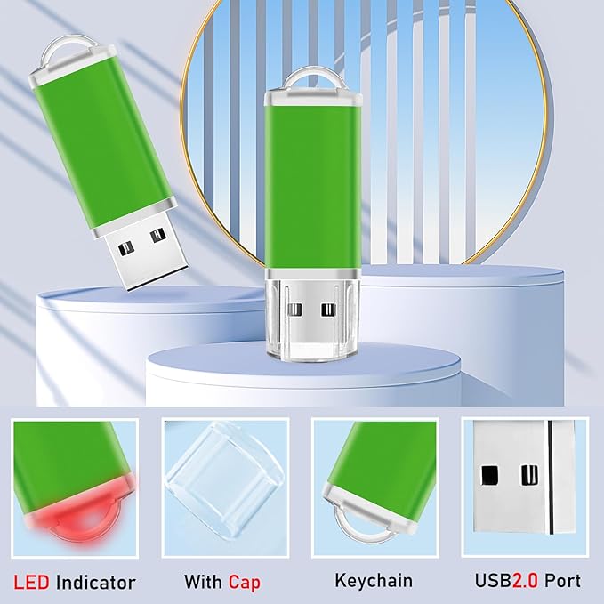 Memorias USB 8GB Flash Drive 50 Pack, USB 2.0 Thumb Drives Bulk Memory Sticks 8GB FAT32 USB Flash Drives Bulk Jump Drives Multipack Pack of 50 with Lanyard(Green 50 Packs 8 GB)